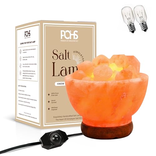 POHS Himalayan Pink Salt Fire Bowl Lamp with Salt Crystal Chunks, dimmable Switch Electrical Cord, with Replaceable Bulbs, Premium Wood Base — Home & Kitchen review