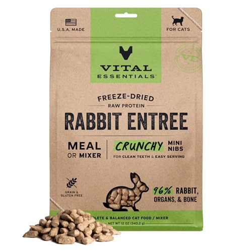 Vital Essentials Freeze Dried Cat Food, Raw Rabbit Crunchy Mini Nibs | Complete Meal or Topper | 96% Rabbit, Organs & Bone | Limited Ingredient, High Protein, Grain Free Dry Cat Food | 12 oz Bag — Pet Supplies review