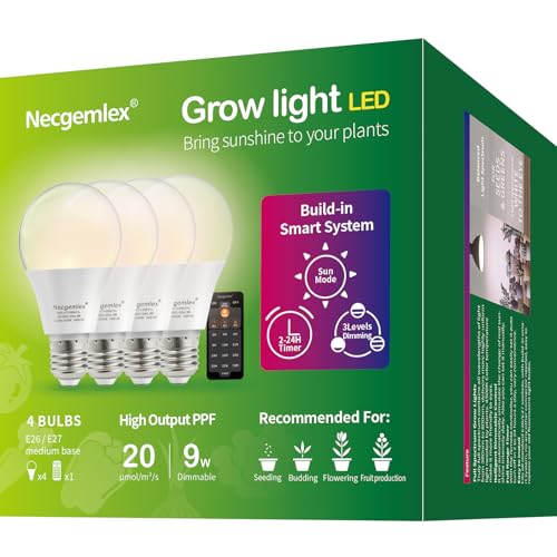 Smart LED Grow Light Bulbs with Remote Controller, Sun Simulation Mode, Built-in Auto Timer, A21/A70 E26/E27 9W Dimmable Full Spectrum Intelligent Plant Grow Bulbs for Indoor Plants, 4 Pack — Patio, Lawn & Garden review
