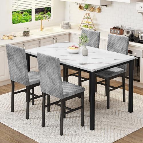 Lamerge 5-Piece Marble Dining Set with Modern Kitchen Table & 4 Upholstered Velvet Chairs, Compact Space Saving Furniture for Dining Room — TikTok Shop Feed review