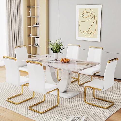 Dinner Table for 6, Faux Marble Dining Room Table Set with Velvet Dining Chairs, 7 Piece Dining Table Set Modern Kitchen Table and Chairs for Big Fami — TikTok Shop Feed review