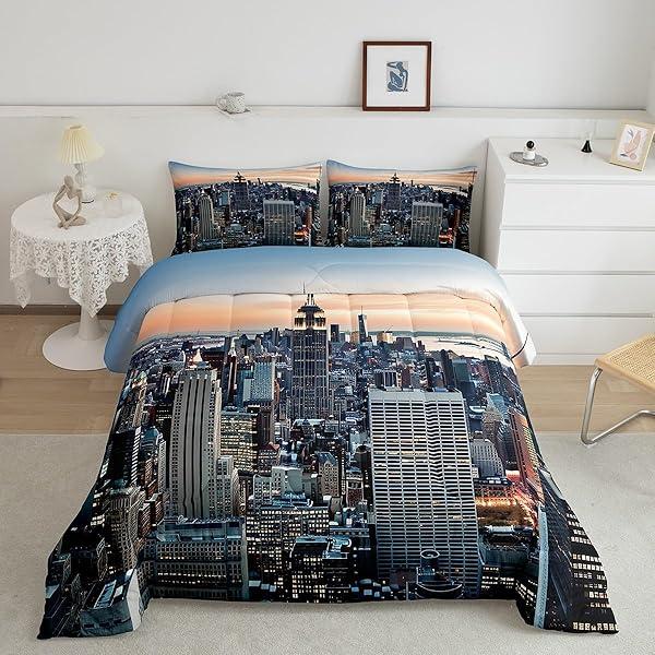 Feelyou New York City Manhattan Skyline Comforter Set Contemporary Cityscape Bedding Set 3Pcs Full — Bedding review