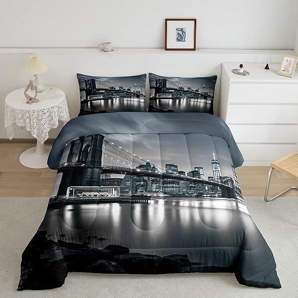 Feelyou Brooklyn Bridge Comforter Set - New York City Black White Bedding Set 3Pcs — Bedding review